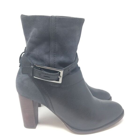 Clarks Womens Black Leather Suede Nubuck Ankle Boots Wooden Heel Bootie Size 6 - Picture 1 of 7
